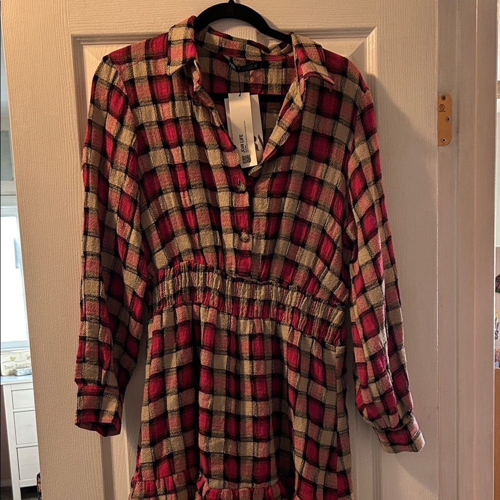 Zara Pink and Cream Plaid Smocked-Waist Shirt Dress - Picture 2 of 5
